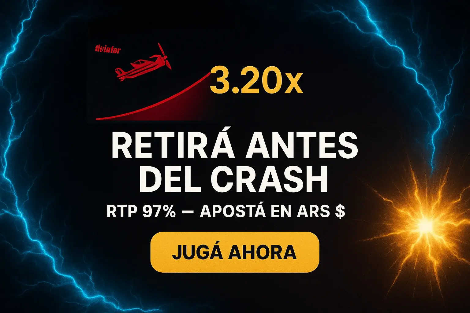 Banner de Aviator con avión subiendo, x3.20 y botón Jugá Ahora
