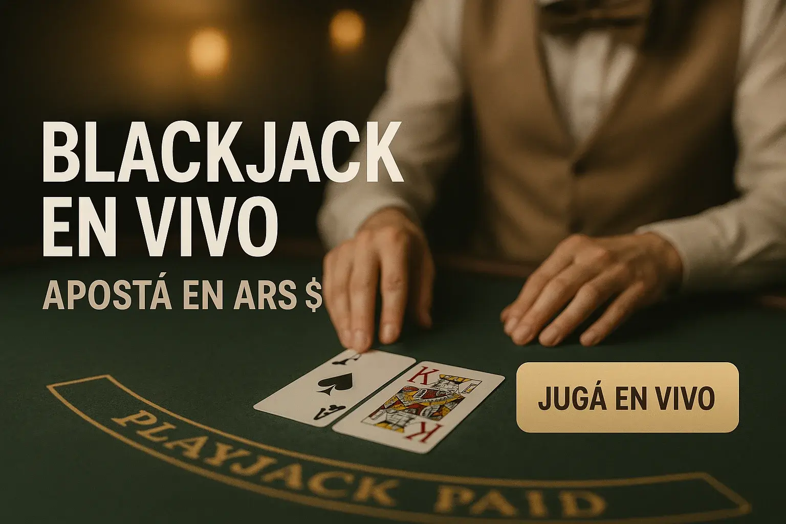 Banner de blackjack en vivo con crupier, cartas y botón dorado