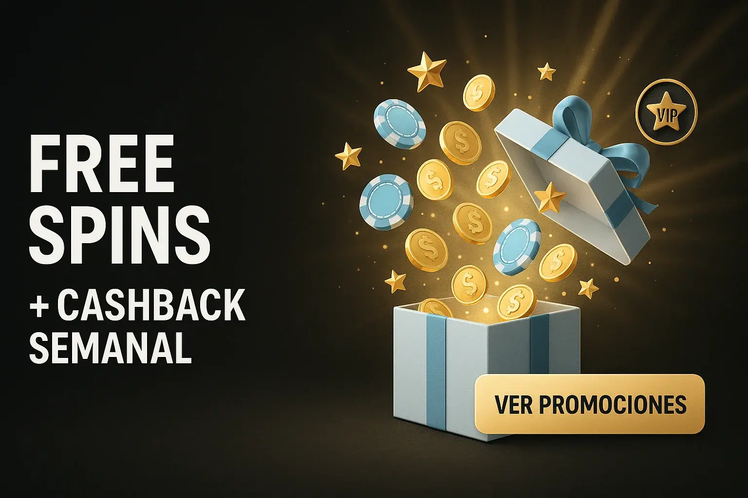 Banner de promociones de casino con regalo, monedas y botón dorado